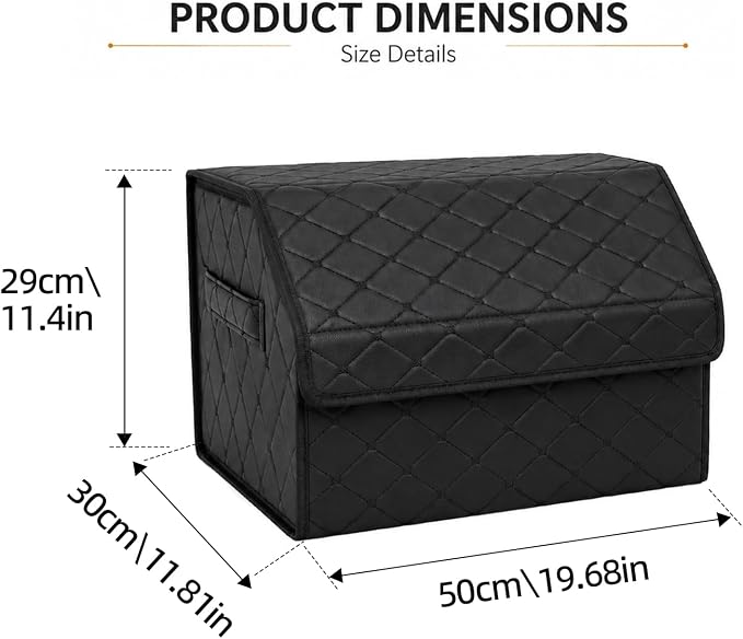 Leather Car Trunk Organizer with Lid,65L Foldable Storage Box for Universal Cars, SUVs, Sedans and MPVs, Removable Divider, Carry Handles, Black