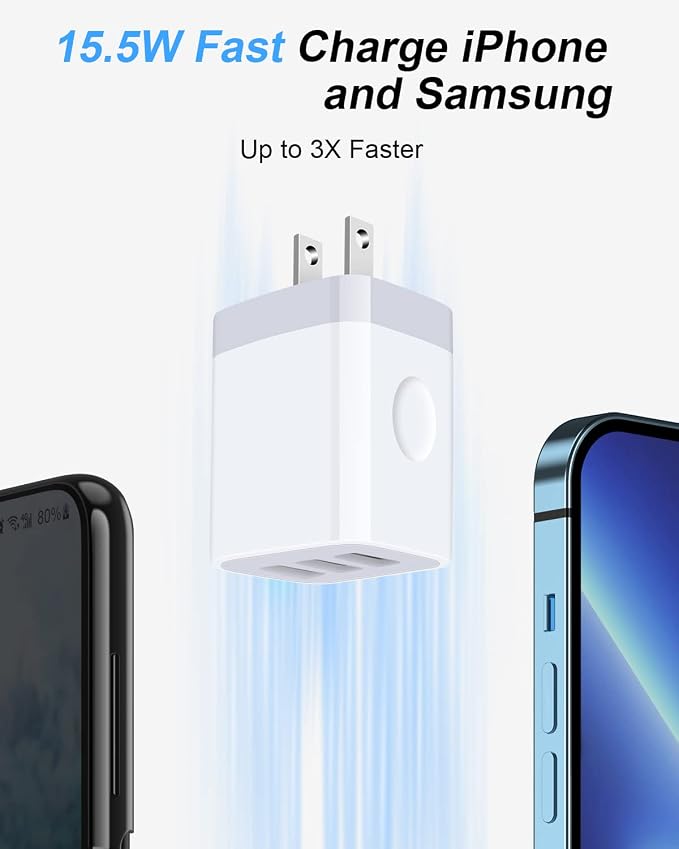 USB Charger Cube Wall Charger Plug AILKIN 3.1A 3 Muti Port USB Adapter Plug | USB Charging Station Box Base for iPhone 17 16 15 14 13 12 Pro Max Mini SE 11 Pro Max Samsung Phones Charging Block