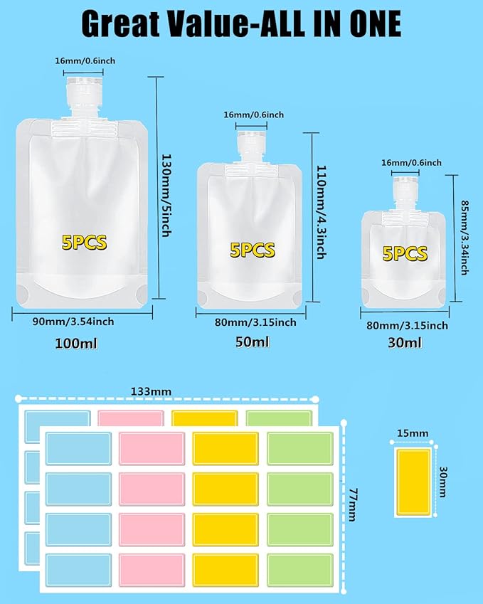 SEQUHITKU 17 Pack Travel Pouches for Toiletries,TSA Approved,Travel Size Portable Containers,Stand Up Pouch,Refillable Travel Accessories for Shampoo Conditioner Lotion Soap Liquids (B-17pcs)