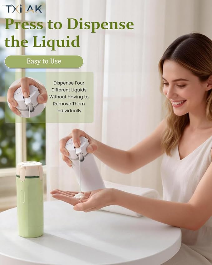4 in 1 Travel Dispenser Bottle Refillable Cosmetic Liquid Containers, Squeeze Pump Shampoo Conditioner Bottles Essentials Toiletries Leakproof, Air Traveling Portable Set Vacation Essentials(White)