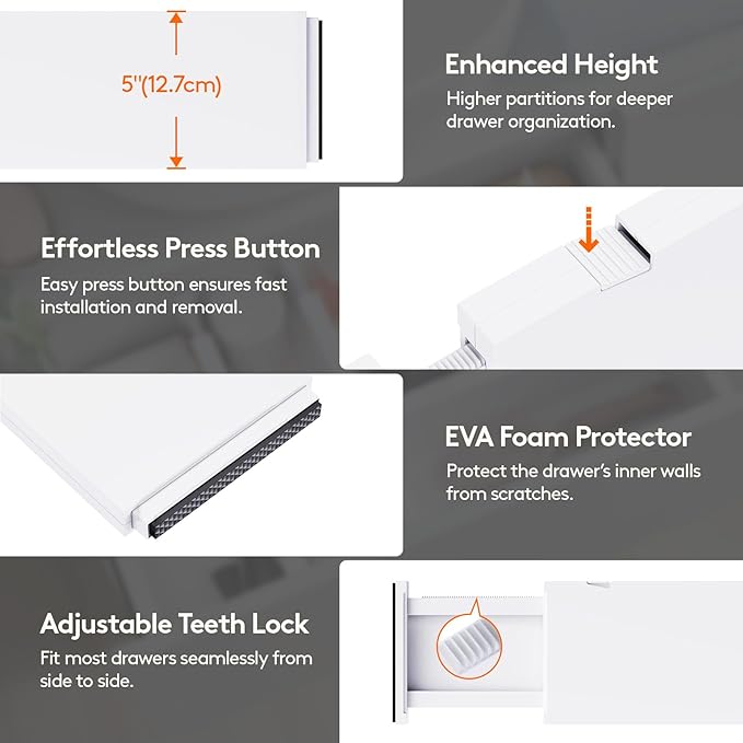 Lifewit 16 Pack 5" High Drawer Dividers 34-56cm/13.5-22" Adjustable Drawer Organizer for Clothes/Utensils, Expandable Drawer Separator in Dresser/Kitchen/Bedroom/Office Organization & Storage White