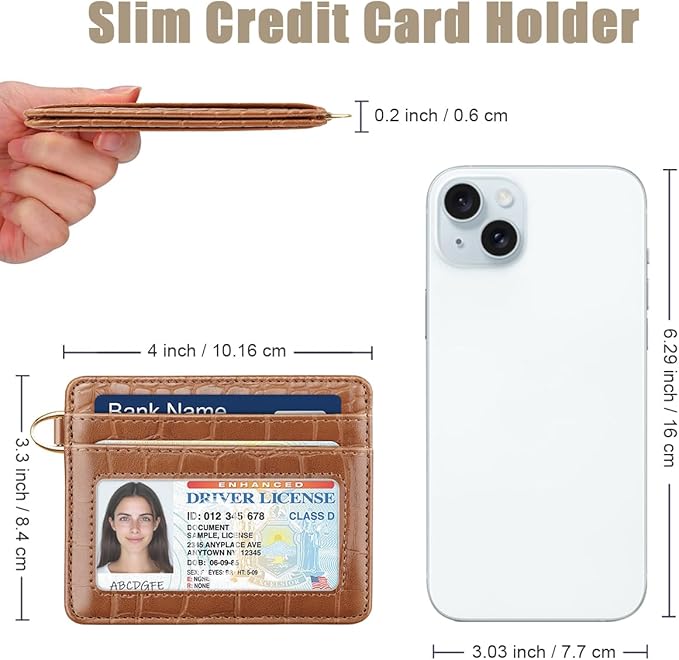 Slim Credit Card Holder Crocodile Wallet Women Thin Alligator Wallets RFID Blocking Minimalist Lightweight Small Cute Cards Holders with ID Window, Brown