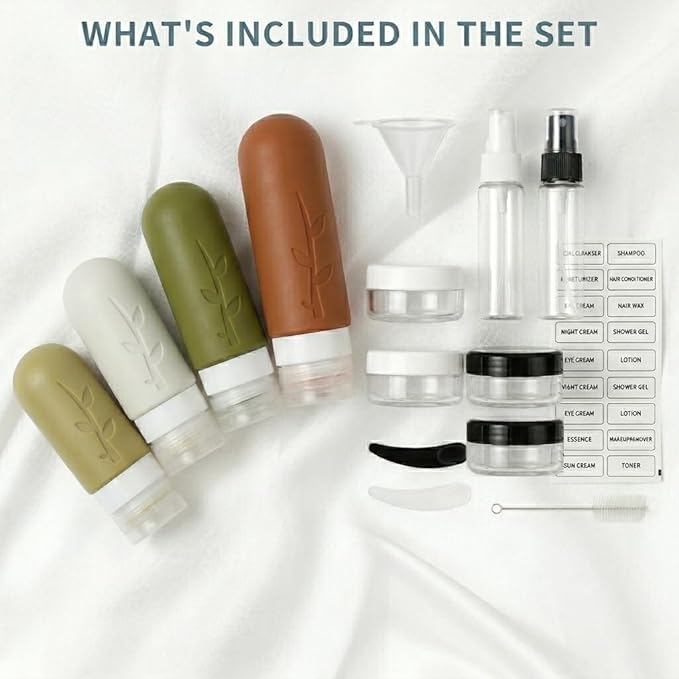 DEPOZA Travel Bottles Kit (16 Pack) - TSA Approved, Leak Proof Silicone Squeezable Containers for Toiletries. Complete Set with Jars, Sprayers & Bag (Earthy brown)