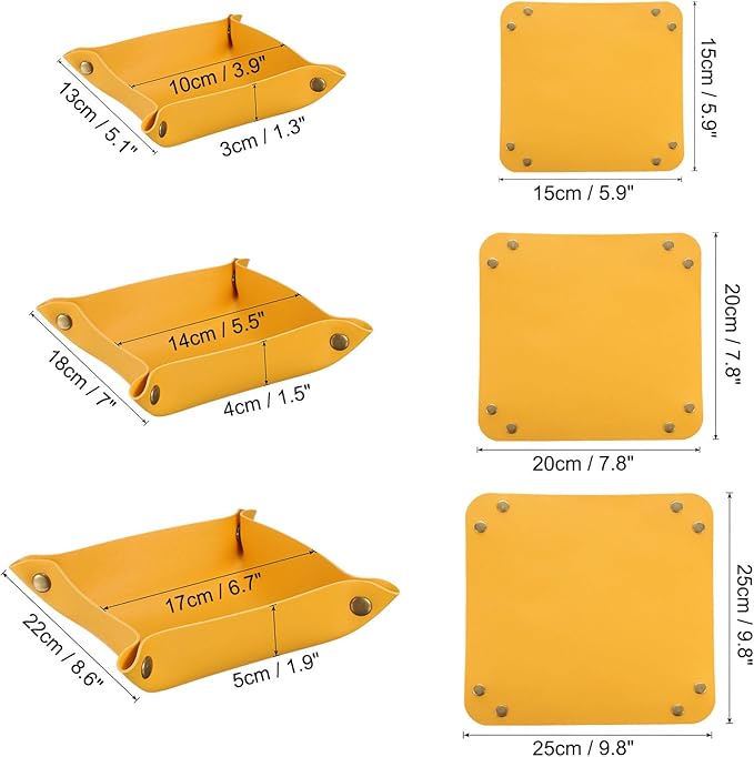 uxcell 3 Pack PU Leather Tray, Jewelry Tray for Women and Men, Glossy Leather Desk Organizer Portable Catchall Tray for Jewelry Key Coin Watch Wallet, Yellow