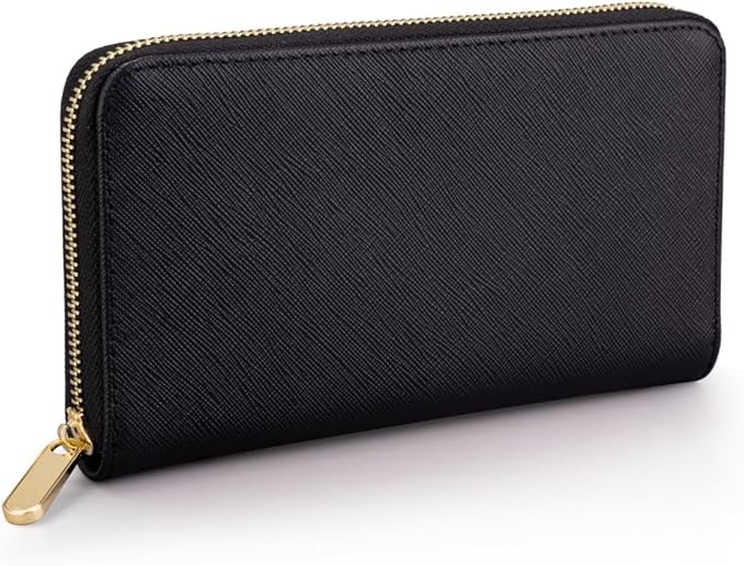 Luxury Real Leather Zip Around Travel Wallet | Large Capicity Card Holder Organizer | Classic Phone Clutch for Men Women (Black - Saffiano Leather)