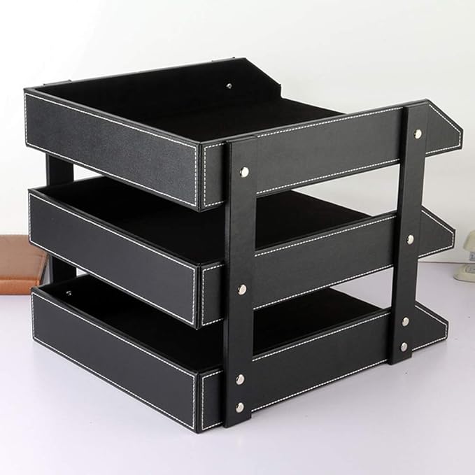 Leather Desk File Organizer, 3-Layer Stackable Tray, Used to Store documents, folders, Stationery, Magazines, Newspapers, Letters, and Other Home Office Sundries Desktop Organization Holder(Black)…