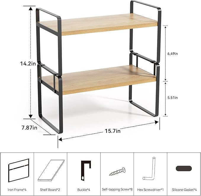 YGYQZ Desk Shelf Organizer for Top of Desk, Detachable 2 Tier Desktop Bookshelf, Wooden Desk Shelves Storage Rack, Small Desktop Shelf for Office Home Dorm, Tabletop Desk Organizer Stand (Black Wood)
