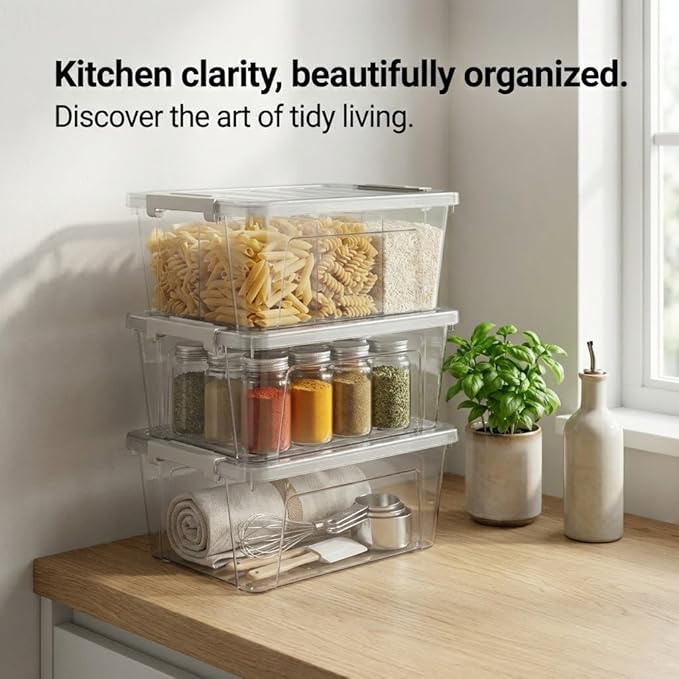 WYT 8-Quart Clear Plastic Storage Bins with Lids & Secure Latches, 3-Pack Organizer Container Box with Latch Buckles for Home, Kitchen, Closet, Garage