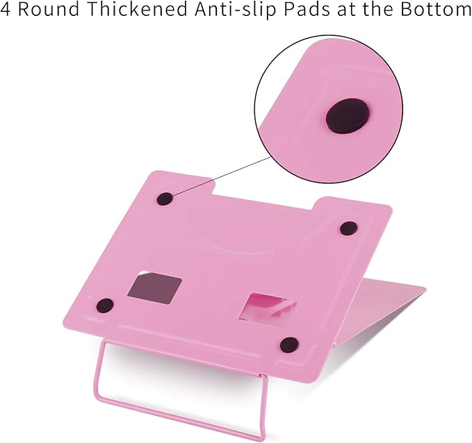 Blizzow Desk Book Stand Holder - Hands Free, Adjustable Metal Stand, Foldable Portable Bookstand - Cookbook, Recipe, Tablet, Music, Documents (Pink)