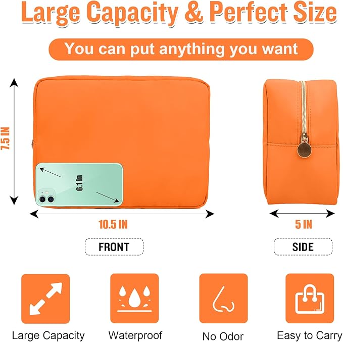 Nylon Large Makeup Bag Travel Cosmetic Bag Pouch, Preppy Big Makeup Bag Cute Cosmetic Zipper Pouch Purse, Waterproof Toiletry Bag Clutch Makeup Organizer Travel Essentials for Women Men Girls(Orange)