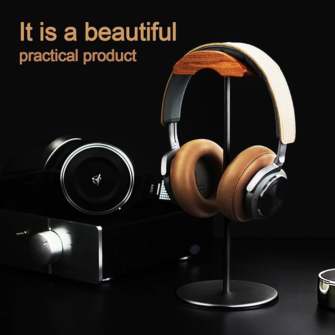 Headphone Stand Holder Headset Holder with Wood and Aluminum Desktop Headphone Stand Headset Stand for Desk with Solid Heavy Base Wood Headphones Stand for All Headphone Sizes (Black)