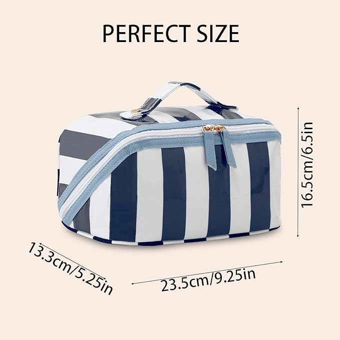 DYSHAYEN Stripe Travel Makeup Bag with Compartments Clear Coated Cosmetic Bag for Women, Waterproof Portable Open Flat Toiletry bag （White-Navy）