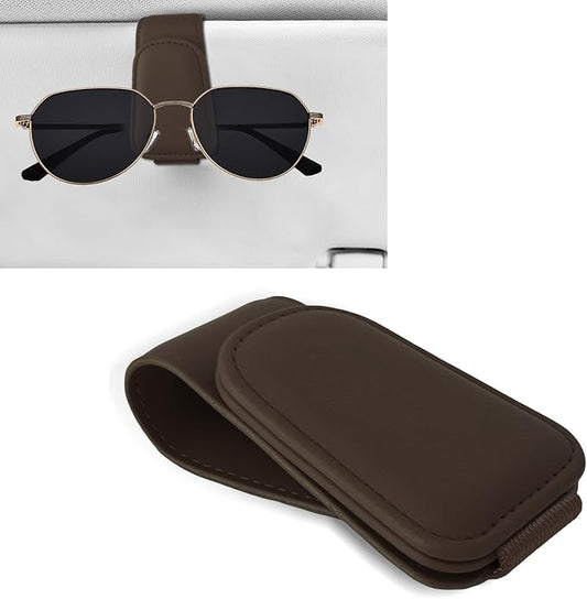 Sunglass Holder for Car, Car Sunglass Holder, Magnetic Leather Sunglasses Holder and Ticket Card Clip, Auto Multi-Functional Sun Visor Eyeglass Holders for SUV Pickup Truck (Brown)