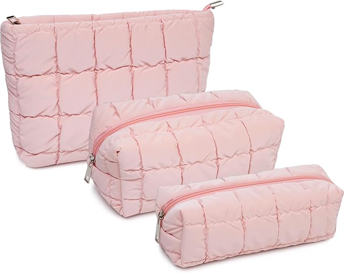 3Pcs Puffer Quilted Makeup Bag Travel Cosmetic Bag Set Portable Puffy Checkered Toiletry Pouch Skincare Organizer Purse Pencil Case (Pink)