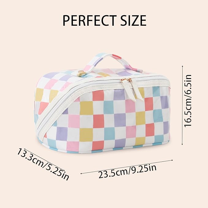 DYSHAYEN Travel Makeup Bag with Compartments Clear Coated Cosmetic Bag for Women, Waterproof Portable Open Flat Toiletry bag （Rainbow Gingham）