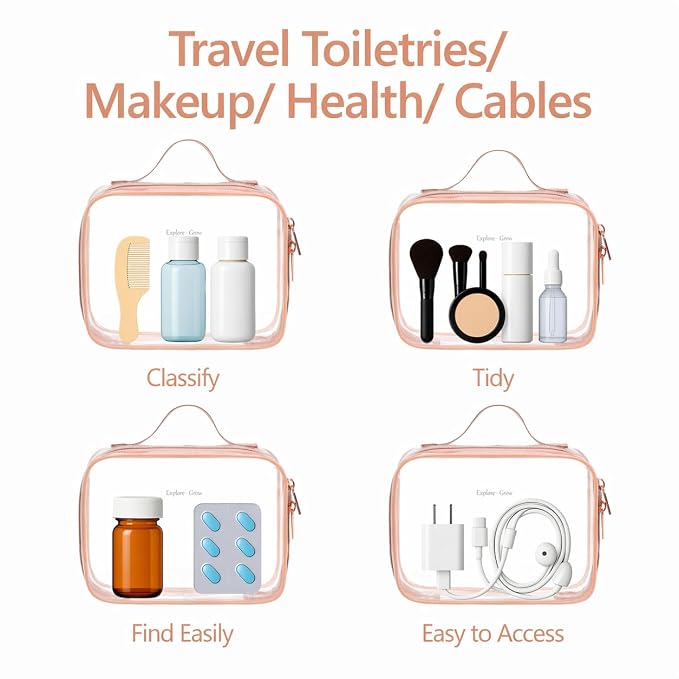 PACKISM Clear Makeup Bag Combo Pack, 1 TSA Approved Medium & Large for Checked Luggage, Clear Toiletry Bag with Handle, Water-resistant Travel Essentials Organizer, Rose Pink