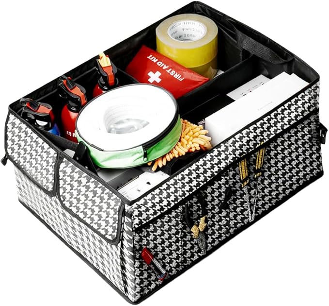Car Trunk Organizer, Large Capacity Collapsible Multi-Compartment Vehicle Trunk Storage Organizer, Foldable Auto Rear Seat Organization Box for Cargo Grocery, Universal Fit (Houndstooth)