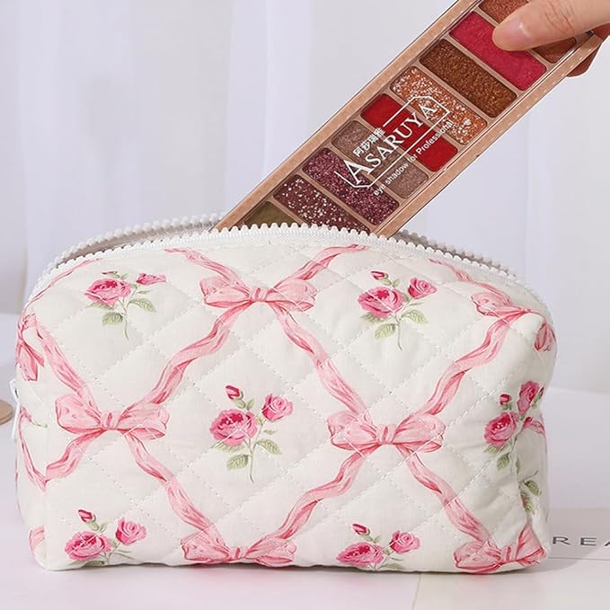 FITINI Makeup Bag Travel Large Portable Quilted Floral Print Cosmetic Organizer Cute Pouch for Women Soft Cotton Zipper Waterproof Toiletry Storage Bags