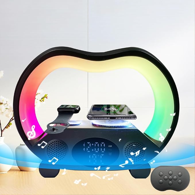 IHAO 6in1 Multi Functional Wireless Charger Bluetooth Speaker Time&Temperature Display Alarm Clock 7-Color LED Night Lights Fast Charger for Phone Apple Watch Earbuds Remote Control-Black