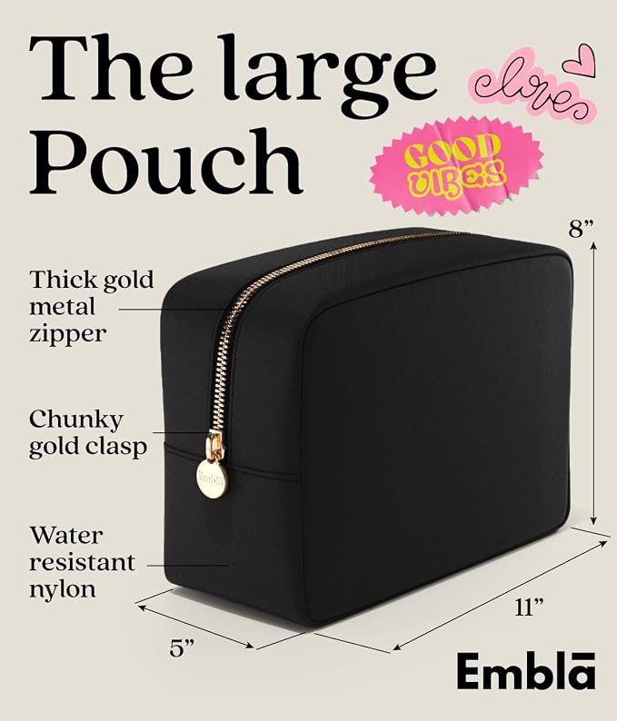 Embla Large Makeup Bag and Waterproof Nylon Travel Toiletry Bag, Large Capacity Cosmetic Zipper Pouch, Black