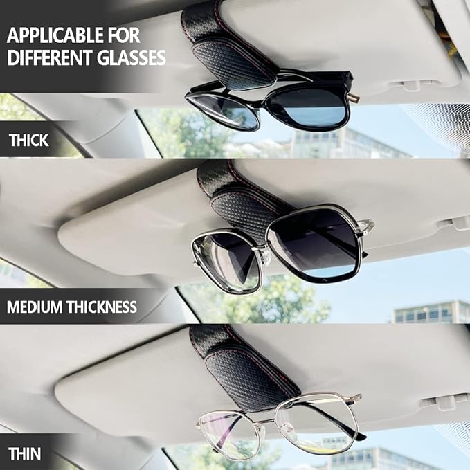 2Pcs Sunglass Holder for Car, Magnetic Leather Eyeglass Hanger Clip for Car Sun Visor, Sunglasses Holder and Ticket Card Clip for Car Visor Accessories (Carbon Fibre Black)