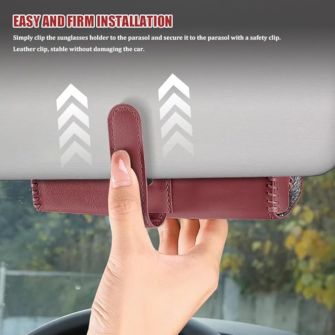 Sunglasses Holder for Car Sun Visor, Leather Auto Eyeglasses Storage Case with Hidden Magnetic Closure, Universal Protective Glasses Organizer Box, Visor Accessories for Woman Man (Wine red)