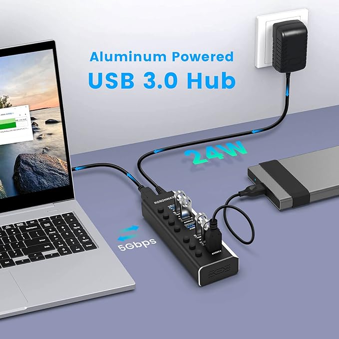 USB Hub 3.0 Powered Rosonway Aluminum 7 Ports USB 3.0 Data Hub Splitter with 24W (12V/2A) Power Adapter and Individual On/Off Switches USB Port Expander for PC and Laptop (RSH-A37S) (Pack of 2)