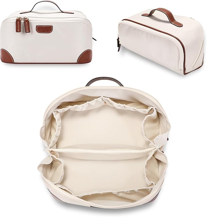 GIVLEFLY Makeup Bag for Women, Large Cosmetic Bag, Travel Toiletry Bag, Waterproof Nylon Organizer with Microfiber Leather, Flat Open for Skincare & Brushes