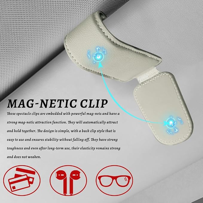 Sunglass Holder for Car, Car Sunglass Holder, Magnetic Leather Sunglasses Holder and Ticket Card Clip, Auto Multi-Functional Sun Visor Eyeglass Holders for SUV Pickup Truck (Light Beige)