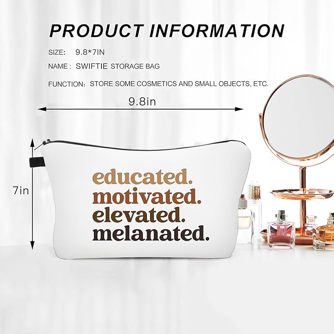Black Girl Makeup Bag – Educated Motivated Elevated Melanated Cosmetic Bag Set of 3, Inspirational Travel Toiletry Pouch for Women, College Student Gift, Black Excellence Organizer