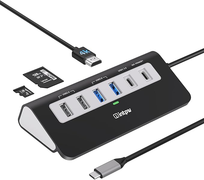 P9 USB C Hub, INTPW 9-in-1 USB Multiport Adapter with 4K HDMI, PD 100W, USB-C and 2 USB A 3.0 5Gbps, 2 USB A 2.0, SD/TF Card Reader, Aluminum Powered USB Hub for PC, iPhone 16/15 Series, MacBook, iPad