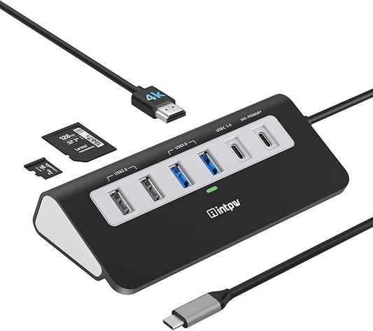 P9 USB C Hub, INTPW 9-in-1 USB Multiport Adapter with 4K HDMI, PD 100W, USB-C and 2 USB A 3.0 5Gbps, 2 USB A 2.0, SD/TF Card Reader, Aluminum Powered USB Hub for PC, iPhone 16/15 Series, MacBook, iPad