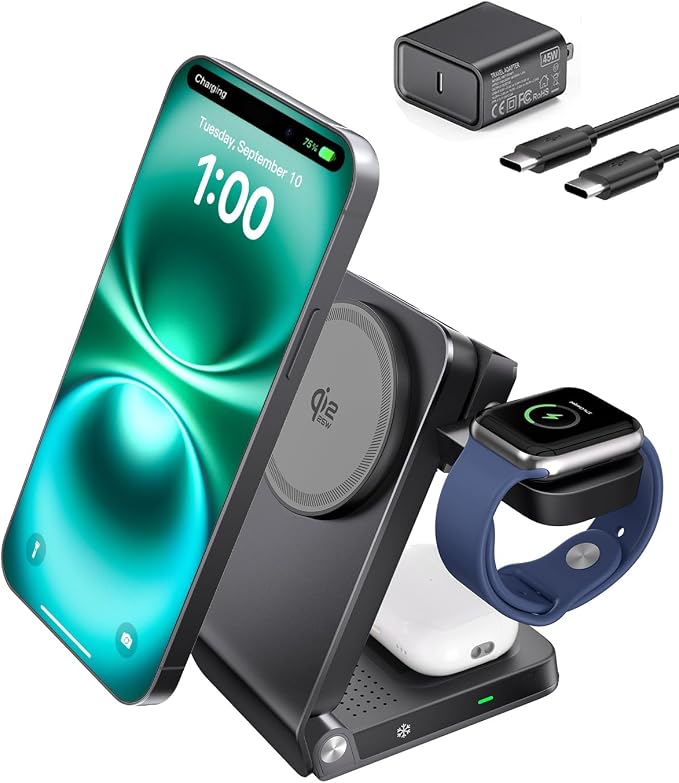 Doge&Vollar 3 in 1 Qi2.2 25W MagSafe Wireless Charging Station, Foldable Charger Stand for iPhone 17 16 Pro Max, Apple Watch & AirPods, Fast Low-Heat Desk Travel Charger with 45W Adapter, Aluminum