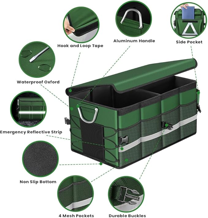 WINHUNT Car Trunk Organizer, Car Storage Organizer with Waterproof Bag Collapsible Multi Compartment Organizer for Car, Suv, Sedan, Truck, Aluminium Handle (Green, Large 66L)