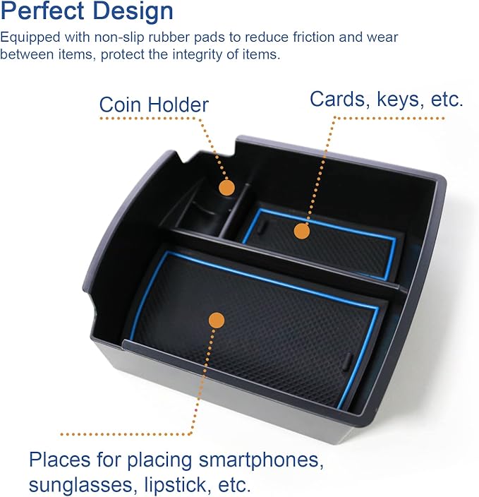 2018-2021 2022 2023 Kona Center Console Organizer for Hyundai Kona Armrest Box, 2022 Kona Console Armrest Tray 2022 2023 Kona Armrest Box Insert Tray Accessories (Blue Mats)