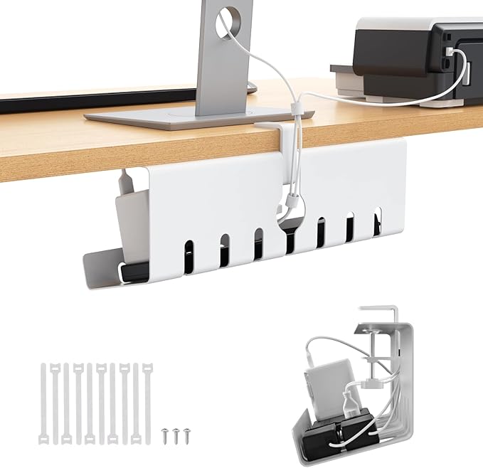 Syeeiex 17" Under Desk Cable Management Tray, No-Drill C-Clamp & Screw Mount, Heavy Duty Metal Cord Organizer with Cable Ties, for Office Home Workspace, White
