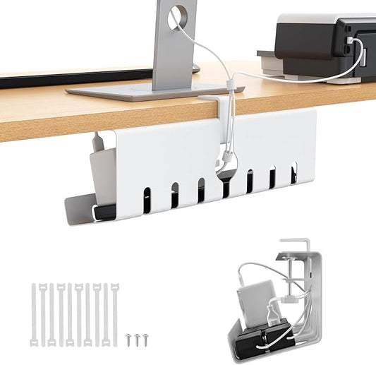 Syeeiex 17" Under Desk Cable Management Tray, No-Drill C-Clamp & Screw Mount, Heavy Duty Metal Cord Organizer with Cable Ties, for Office Home Workspace, White