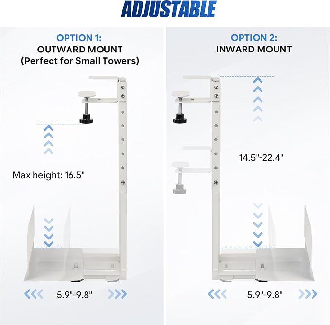 TooCust Adjustable Under Desk PC Mount, Heavy Duty No Drilling Clamp Mount on Desk Fits Most PC Tower 14.5”-22.4” (H) , Thickened & Ultra Strong CPU Holder for Standing Desk & Home Office, White