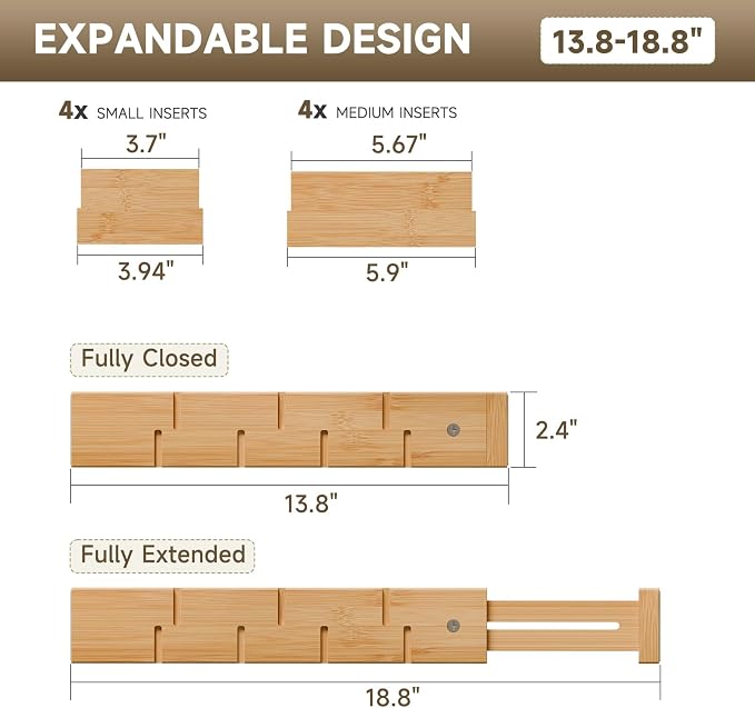 Bamboo Drawer Dividers, Expandable Kitchen Drawer Organizer, Include 4 Dividers, 4 Small Inserts and 4 Medium Inserts for Home, Office, Dressers