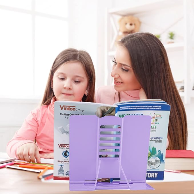 Honagu Metal Desk Book Holder, Hands Free Adjustable Cookbook & Document Holder, Portable Bookstand for Music Books, Textbooks, Recipes, Tablets & iPads (Purple)