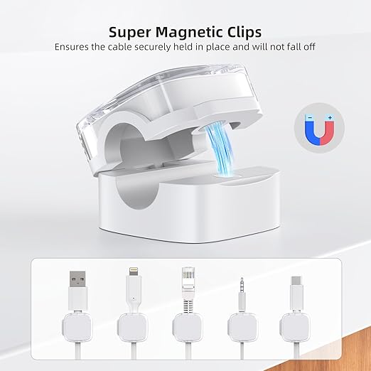 Cord Holder, 6 Pack Magnetic Cable Clips, Strong Adhesive Cord Holder for Nightstand Desk Organizer Kitchen Appliances Car Wall Office Phone Wire Keeper, Clear White