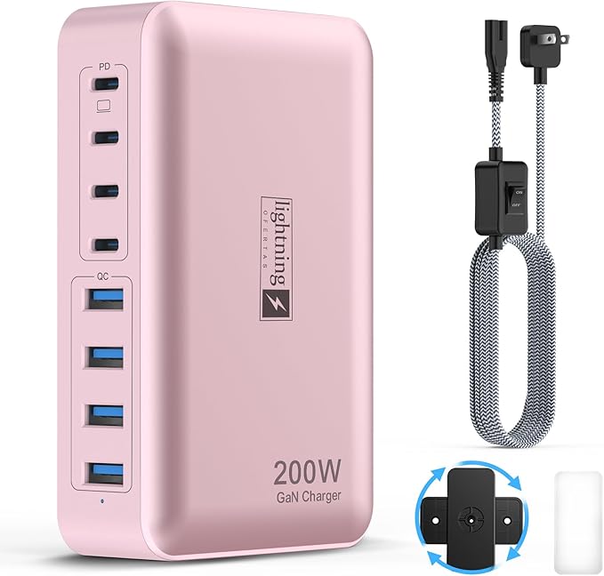 8-Port USB C Fast Charger Block 200W with Flat Plug, Braided Power Cord, and On/Off Switch- USB Charging Hub for iPhone, iPad, MacBook and More- 65W C Port Power Adapter for Laptops