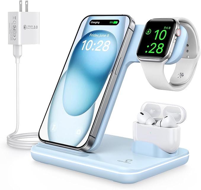 WAITIEE Wireless Charger for iPhone 17 16 15 14 13 12 11 X 8, 3 in 1 Charging Station for Apple Watch & for AirPods (Sky Blue)