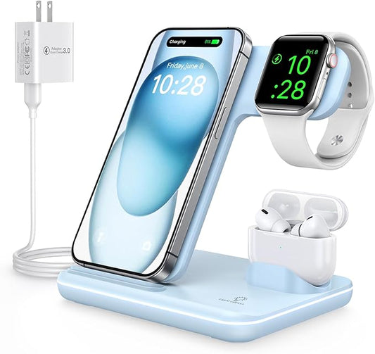 WAITIEE Wireless Charger for iPhone 17 16 15 14 13 12 11 X 8, 3 in 1 Charging Station for Apple Watch & for AirPods (Sky Blue)