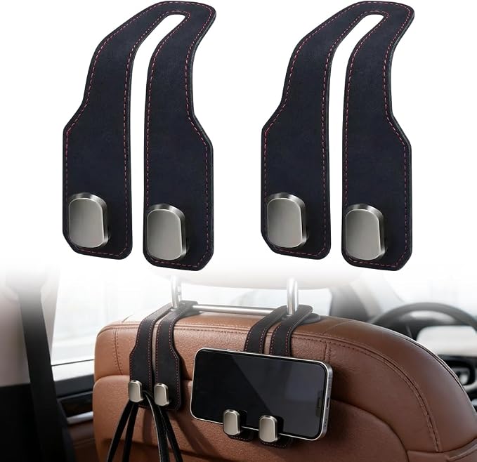 Car Seat Back Storage Hook, 2026 New Car Seat Headrest Hook for Purses and Bags, Leather Car Seat Back Storage Hooks, Car Seat Hangers Organization Accessories (Black 2pcs)