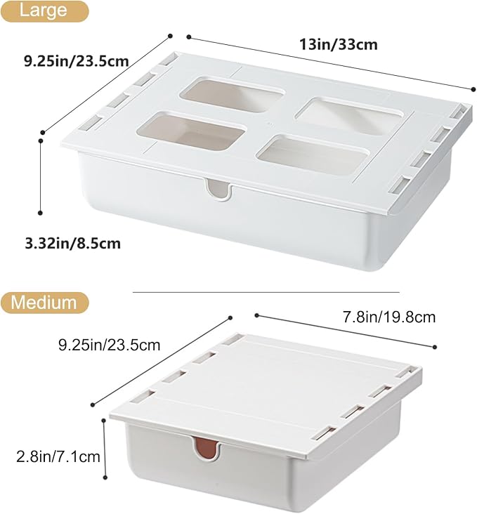 2 Pack Under Desk Drawer, Large & Medium Self-Adhesive Under Desk Organizer, Hidden Under Desk Storage Box Cosmetics Case Stick On Under Table Tray Holder for Cutlery, Office Supplies, Stationery