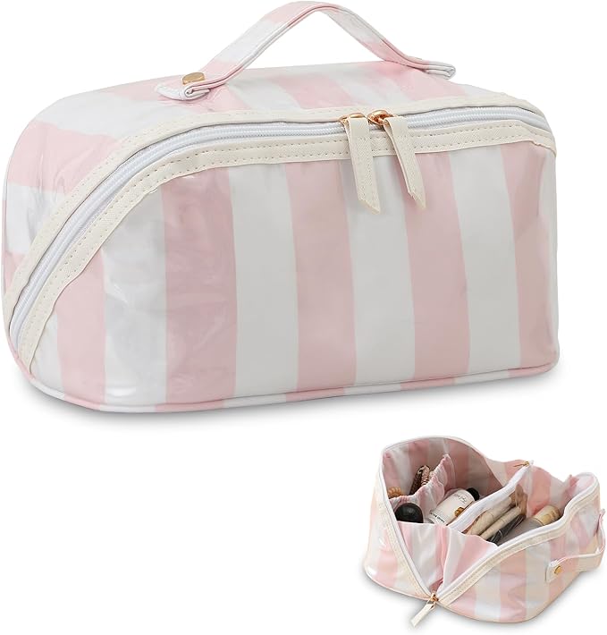 DYSHAYEN Stripe Travel Makeup Bag with Compartments Clear Coated Cosmetic Bag for Women, Waterproof Portable Open Flat Toiletry bag （White-Pink）