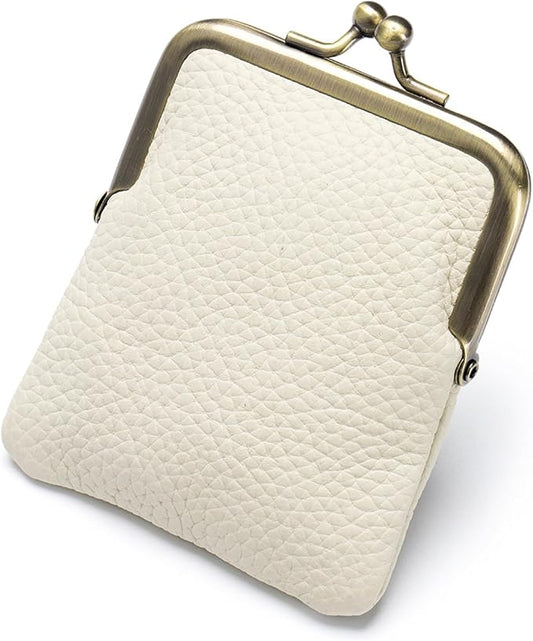 Genuine Leather Kiss Lock Coin Purse, Mini Wallet with Metal Clasp Frame, Small Change Holder，gift for women men (White)