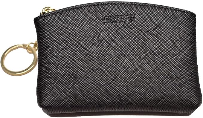 WOZEAH Artificial Leather Coin Purse Change Purse With Key Chain Ring Zipper For Men Women (Black)