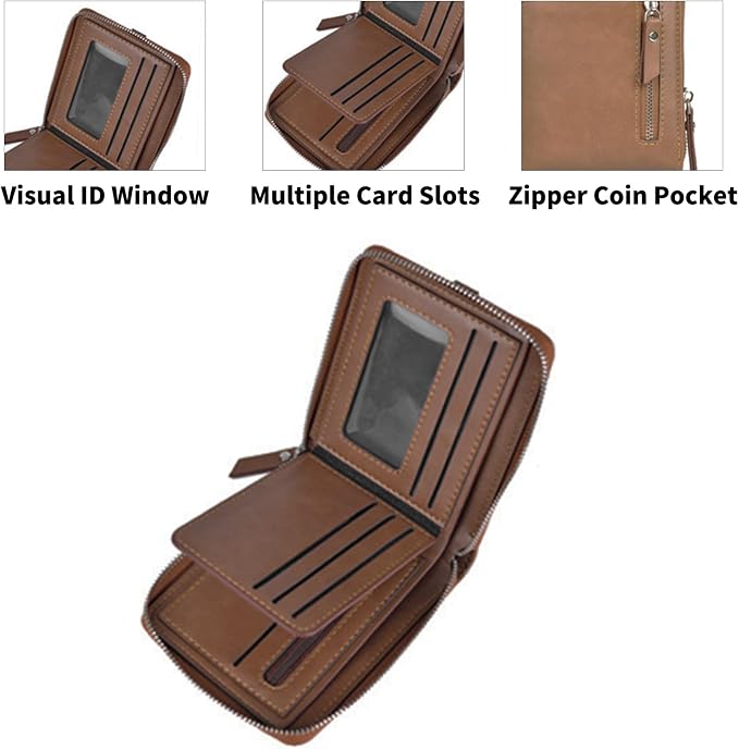 Zipper Wallet for Men Leather Bifold Pocket Wallets RFID Blocking Zip Coin Credit Card Wallets -Big Capacity For Travel